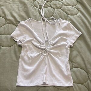 American Eagle White Ribbed Keyhole Tie-Front Tee Medium